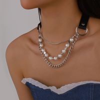 Fashion Solid Color Pu Leather Imitation Pearl Alloy Layered Chain Necklace main image 4