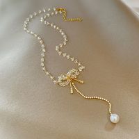 Fashion Bow Knot Stainless Steel Necklace Crystal Artificial Pearl Stainless Steel Necklaces main image 4