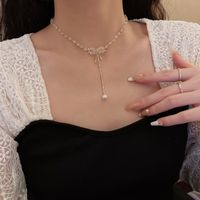 Mode Bogenknoten Rostfreier Stahl Halskette Kristall Künstliche Perle Edelstahl Halsketten main image 2