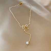 Mode Bogenknoten Rostfreier Stahl Halskette Kristall Künstliche Perle Edelstahl Halsketten main image 3