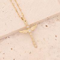 Stainless Steel 18K Gold Plated Fashion Inlaid Zircon Cross Wings Zircon Pendant Necklace sku image 4