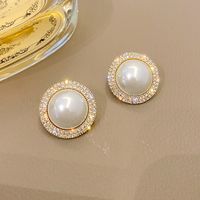 Fashion Solid Color Alloy Plating Inlay Artificial Pearls Rhinestone Ear Studs sku image 1