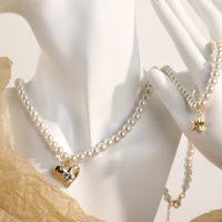 Retro Heart Shape Titanium Steel Necklace Pearl Artificial Rhinestones Stainless Steel Necklaces main image 2