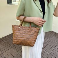 Women's Straw Solid Color Fashion Weave Bucket Open Straw Bag sku image 4