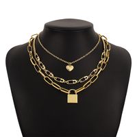 Fashion Heart Shape Lock Alloy Geometry Metal Chain Pendant Necklace 3 Piece Set sku image 1