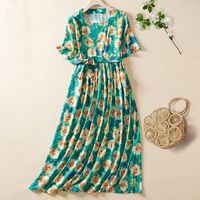 Vacation Flower Round Neck Short Sleeve Bow Knot Linen Dresses Sundress sku image 1