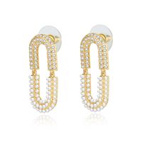 Fashion Paper Clip Copper Earrings Inlay Artificial Pearls Zircon Copper Earrings sku image 1