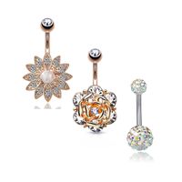 Fashion Flower Stainless Steel Diamond Zircon Belly Ring 3 Pieces main image 4