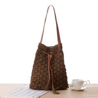 Fashion Simple Tassel Handmade Straw Woven Bucket Bag Women sku image 4