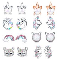 Fashion Unicorn Cat Alloy Diamond Artificial Gemstones Ear Studs 1 Pair main image 1