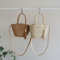 Straw Solid Color Fashion Weave Bucket Type String Bucket Bag main image 5