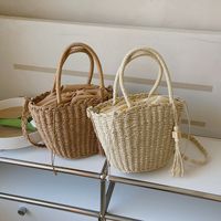 Straw Solid Color Fashion Weave Bucket Type String Bucket Bag main image 4
