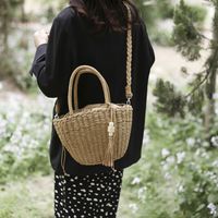 Straw Solid Color Fashion Weave Soft Surface Bucket Type String Bucket Bag main image 4