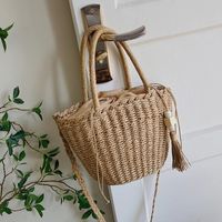 Straw Solid Color Fashion Weave Soft Surface Bucket Type String Bucket Bag main image 2