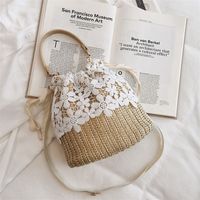 Small Straw Solid Color Fashion Weave Soft Surface Bucket Shape String Straw Bag sku image 1