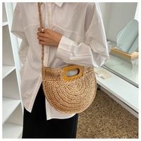 Straw Solid Color Vacation Weave Soft Surface Oval Zipper Straw Bag main image 4