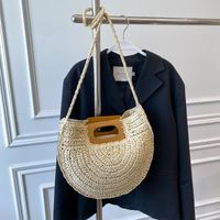 Straw Solid Color Vacation Weave Soft Surface Oval Zipper Straw Bag main image 3