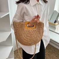 Straw Solid Color Vacation Weave Soft Surface Oval Zipper Straw Bag sku image 2
