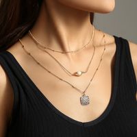 Fashion Simple Retro Natural Pearl Clavicle Chain Square Three-layer Alloy Necklace main image 1