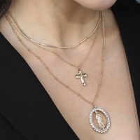 Fashion Retro Diamond-embedded Lady Cross Oval Pendant Multi-layer Alloy Necklace main image 2