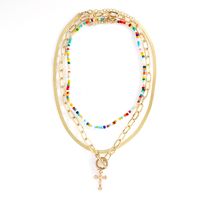 Fashion Elegant Gold Plated Colorful Beaded Cross Pendant Multi-layer Clavicle Chain Necklace main image 4