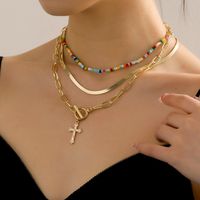 Fashion Elegant Gold Plated Colorful Beaded Cross Pendant Multi-layer Clavicle Chain Necklace main image 2
