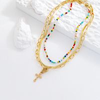 Fashion Elegant Gold Plated Colorful Beaded Cross Pendant Multi-layer Clavicle Chain Necklace main image 3