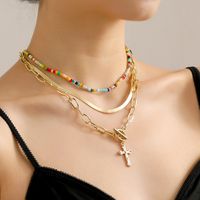 Fashion Elegant Gold Plated Colorful Beaded Cross Pendant Multi-layer Clavicle Chain Necklace main image 1