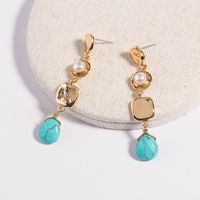 Rétro Nouvelle Mode Long Gland Carré Double Cercle Naturel Turquoise Alliage Gouttes Pour Les Oreilles Boucles D'oreilles main image 3