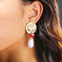 Ethnic Style Round Horse Alloy Inlaid Pearls Earrings 1 Pair main image 6