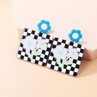Women's Cute Fashion Lattice Flower Arylic Earrings Printing Drop Earrings sku image 4