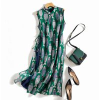 Casual Summer Cotton And Linen Sleeveless Fish Print Side Lace-up Loose Dress sku image 1
