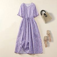 V-neck Drawstring Casual Cotton And Linen Printed Short Sleeved Dress sku image 1