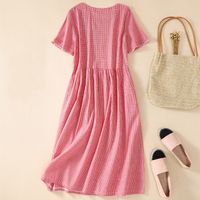 Cotton And Linen Casual Loose Round Neck Short Sleeve Button High Waist Plaid Dress main image 2