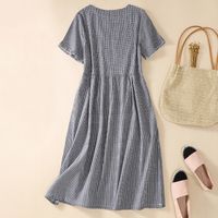 Cotton And Linen Casual Loose Round Neck Short Sleeve Button High Waist Plaid Dress main image 4