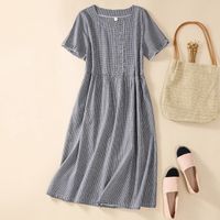 Cotton And Linen Casual Loose Round Neck Short Sleeve Button High Waist Plaid Dress sku image 1