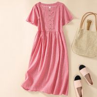 Cotton And Linen Casual Loose Round Neck Short Sleeve Button High Waist Plaid Dress sku image 5