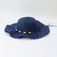 Fashion Wide Brim Sunshade Wooden Bead Lace Wave Straw Hat sku image 2