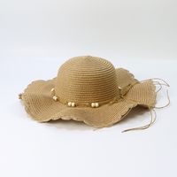 Fashion Wide Brim Sunshade Wooden Bead Lace Wave Straw Hat sku image 3