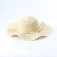 Fashion Wide Brim Sunshade Wooden Bead Lace Wave Straw Hat sku image 4