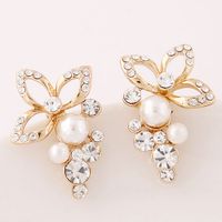 Women's Fashion Flower Alloy Ear Studs Hollow Out Artificial Pearls Rhinestone Earrings sku image 1