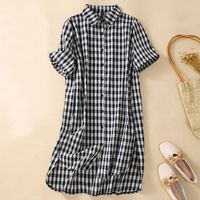 Casual Lattice Shirt Collar Short Sleeve Button Cotton And Linen Dresses Shirt Dress main image 5