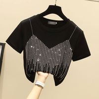 Women's T-shirt Short Sleeve T-shirts Diamond Casual Solid Color main image 2