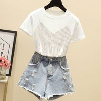 Women's T-shirt Short Sleeve T-shirts Diamond Casual Solid Color main image 6