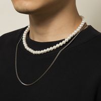 Hip-Hop Geometric Iron Pearl Chain Men'S Layered Necklaces main image 3