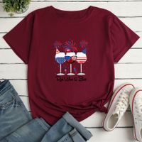 Women's T-shirt Short Sleeve T-shirts Printing Fashion American Flag Wine Glass main image 7