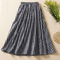 Fashion Plaid Elastic Waist Pleated 100% Cotton Dresses Knee-length Skirt sku image 3