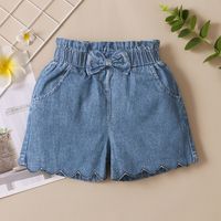Simple Style Solid Color Spandex Polyester Bow Front Lettuce Trim Jeans Baby Clothes sku image 1