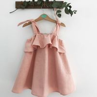 Fashion Solid Color Cotton And Linen Ruffles Strap Dress Knee-length Baby Clothes main image 5