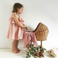 Fashion Solid Color Cotton And Linen Ruffles Strap Dress Knee-length Baby Clothes main image 2